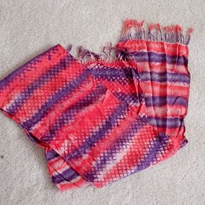 Southwest Tribal Print Scarf by Flamingo Rayon 66" x 10" Coral & Purple Exc Cond